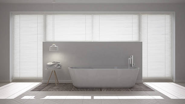 banheiro escandinavo, design de interiores minimalista branco - blinds wood bathroom indoors - fotografias e filmes do acervo