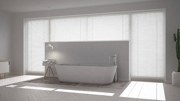banheiro escandinavo, design de interiores minimalista branco - blinds wood bathroom indoors - fotografias e filmes do acervo