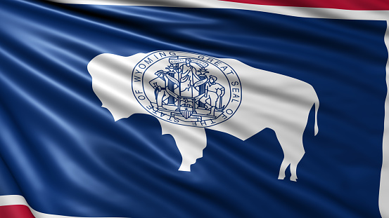 A stock photo/3D rendered illustration of the Wyoming State Flag in the USA. Isolated on a white background. Perfect for designs or articles about USA, Wyoming or Flags.