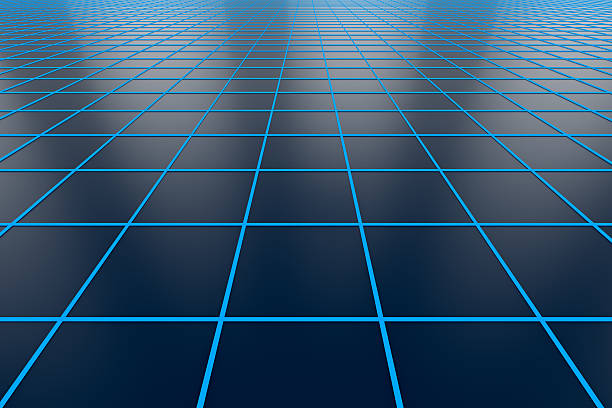 istock 3D rendering of  Perspective blue grid floor background 627491444