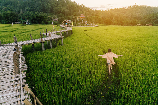 Young Caucasian woman running  in the rice field in Thailand