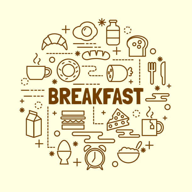 завтрак минимальная тонкая линия значки набор - coffee fried egg breakfast toast stock illustrations