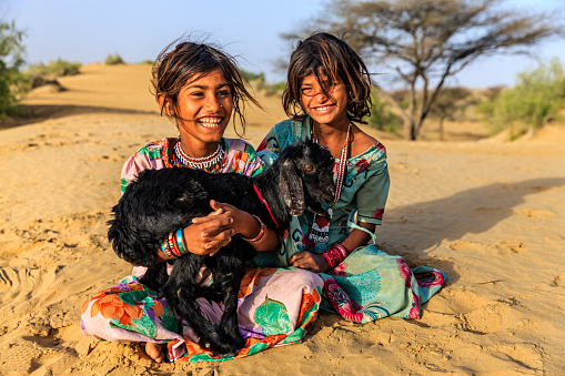 Happy Indian little girls holding a goat, desert village, Thar Desert, Rajasthan, India.
