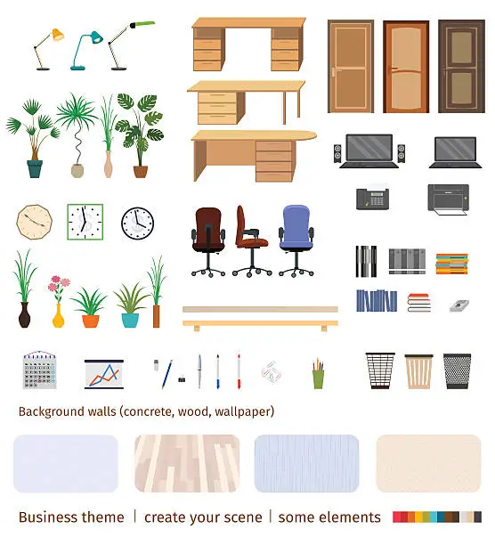 Vector illustration of Set of business elements and furniture to create office