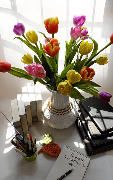 istock Happy teachers day, handmade tulip flower 627500020