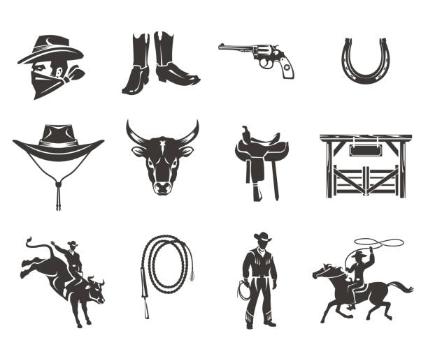 illustrazioni stock, clip art, cartoni animati e icone di tendenza di impostare le icone del rodeo - cowboy horse lasso rodeo