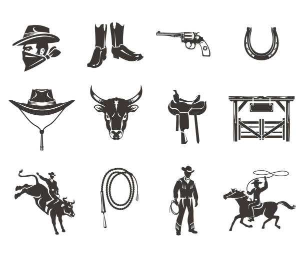 ilustrações, clipart, desenhos animados e ícones de definir ícones de rodeio - texas texas longhorn cattle cattle ranch