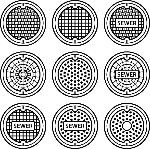 manhole sewer cover black symbol manhole sewer cover black symbol - illustration for the web sewer lid stock illustrations