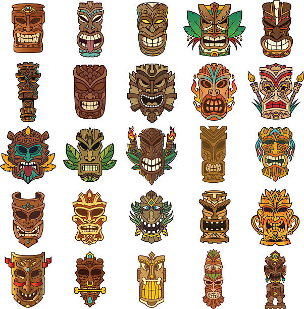 Colorful Tiki Head Design Set Tiki head set designed in different colors totem pole stock illustrations