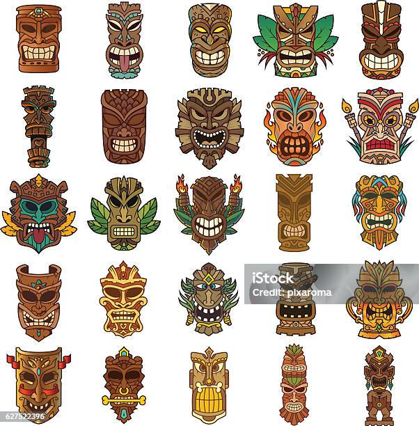 Colorful Tiki Head Design Set Stock Illustration - Download Image Now - Tiki, Mask - Disguise, Totem Pole