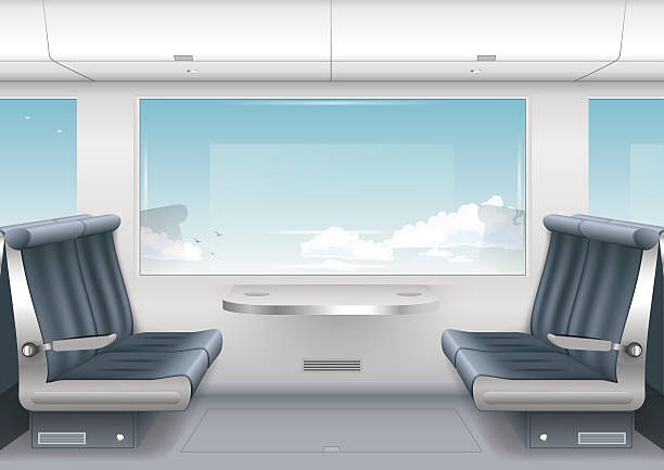 Interior high speed train Interior high-speed train or a boat with a passenger compartment and the scenery outside the window. Vector graphics ferry passenger stock illustrations