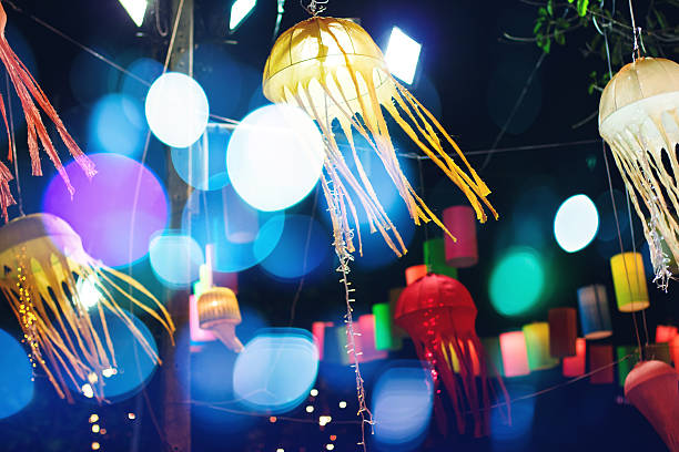 istock Colorful lantern illuminating at the night 627540994