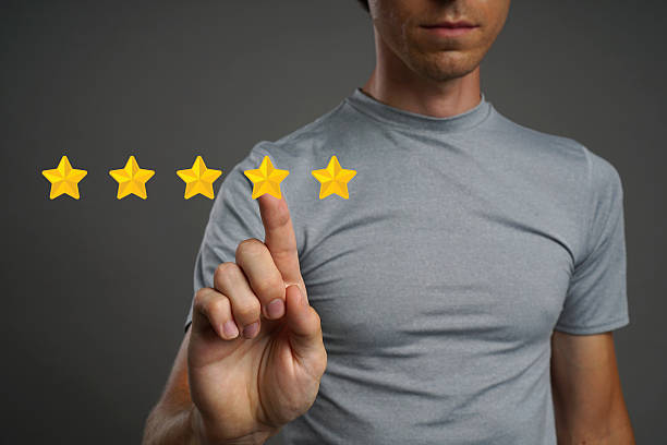 istock Five star rating or ranking, benchmarking concept. Man assesses service 627541120