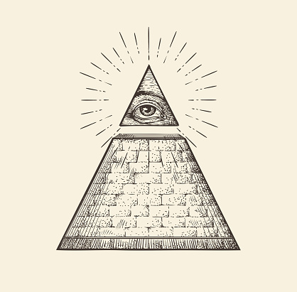All seeing eye pyramid symbol. New World Order. Hand-drawn sketch vector