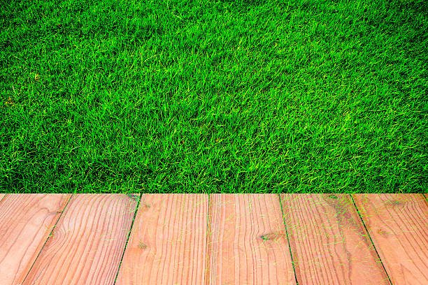 istock Green field and wood planks floor 627543700
