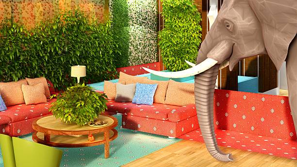 istock Pink elephant in the living room 3d rendering 627543778