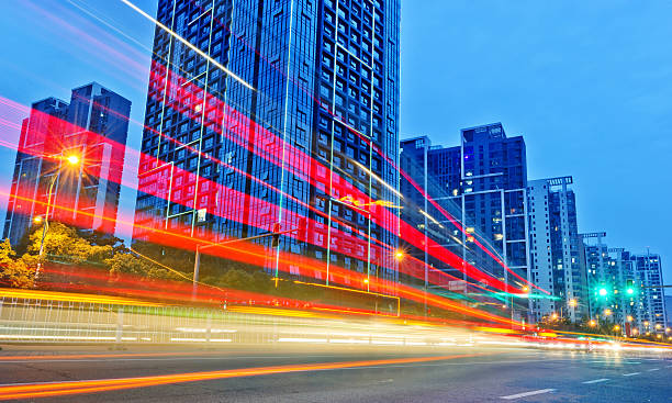 istock light trails on the modern building background in shanghai china 627559908