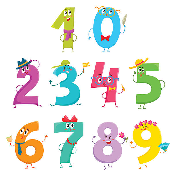 Set of cute and funny colorful number characters Set of cute and funny colorful number characters, cartoon vector illustration isolated on white background. One, two, three, four, five, six, seven, eight, nine, zero smiling characters, math symbols zero number stock illustrations