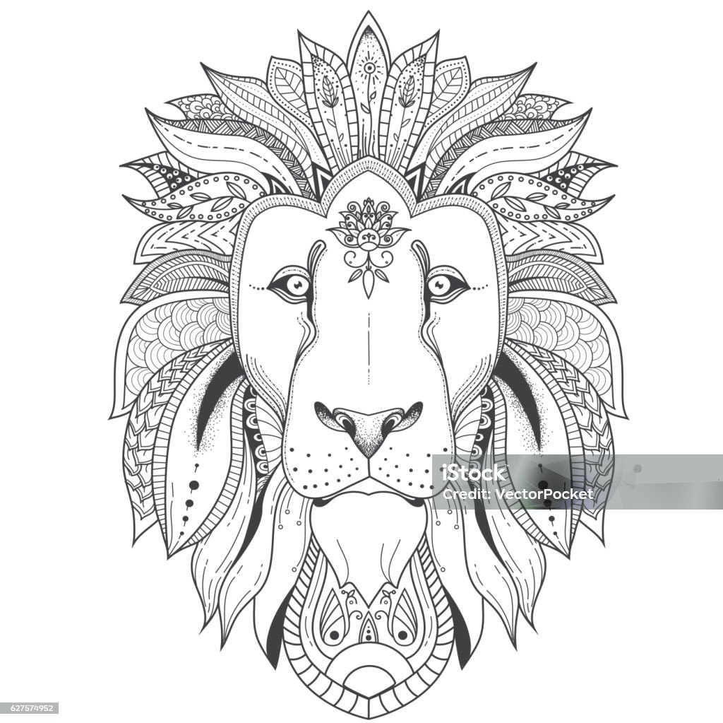 Poster with patterned lion Vector illustration of lion with tribal mandala patterns. Use for print, t-shirts. Lion - Feline stock vector