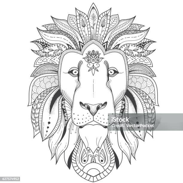 Poster With Patterned Lion Stock Illustration - Download Image Now - Lion - Feline, Coloring, Animal Head