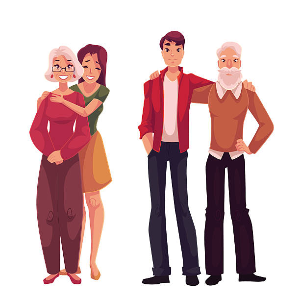 ilustrações, clipart, desenhos animados e ícones de netos abraçando seus avós, ilustração vetorial de desenho animado - senior couple isolated white background standing