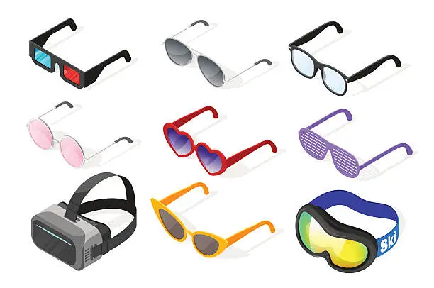 Vector illustration of Isometric 3d vector set of glasses.