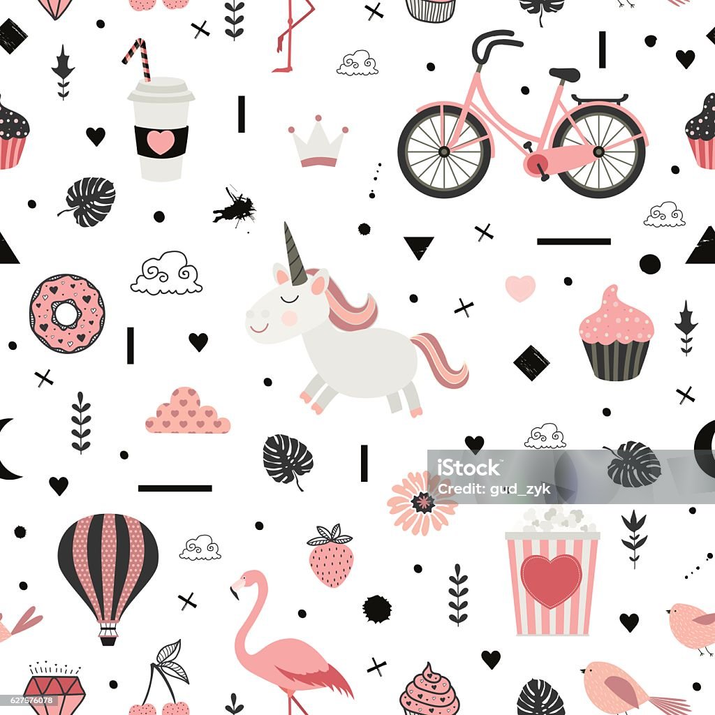 Motif vectoriel mignon sans couture avec licorne. - clipart vectoriel de Motif libre de droits