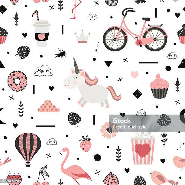 Motif Vectoriel Mignon Sans Couture Avec Licorne Vecteurs libres de droits et plus d'images vectorielles de Motif - Motif, Pop-corn, Vélo