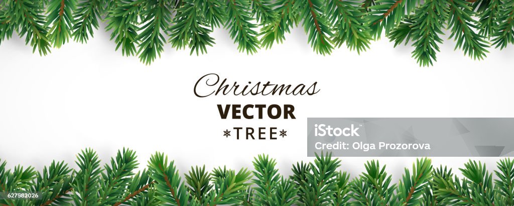 Banner with vector christmas tree branches and space for text. Banner with vector christmas tree branches and space for text. Realistic fir-tree border, frame isolated on white. Great for christmas cards, banners, flyers, party posters, headers. Garland - Decoration stock vector
