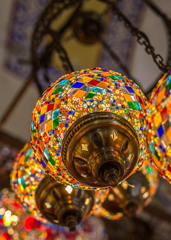 Traditional colorful lamps sold at Grand Bazaar, Istanbul, Turkey. Interior design.