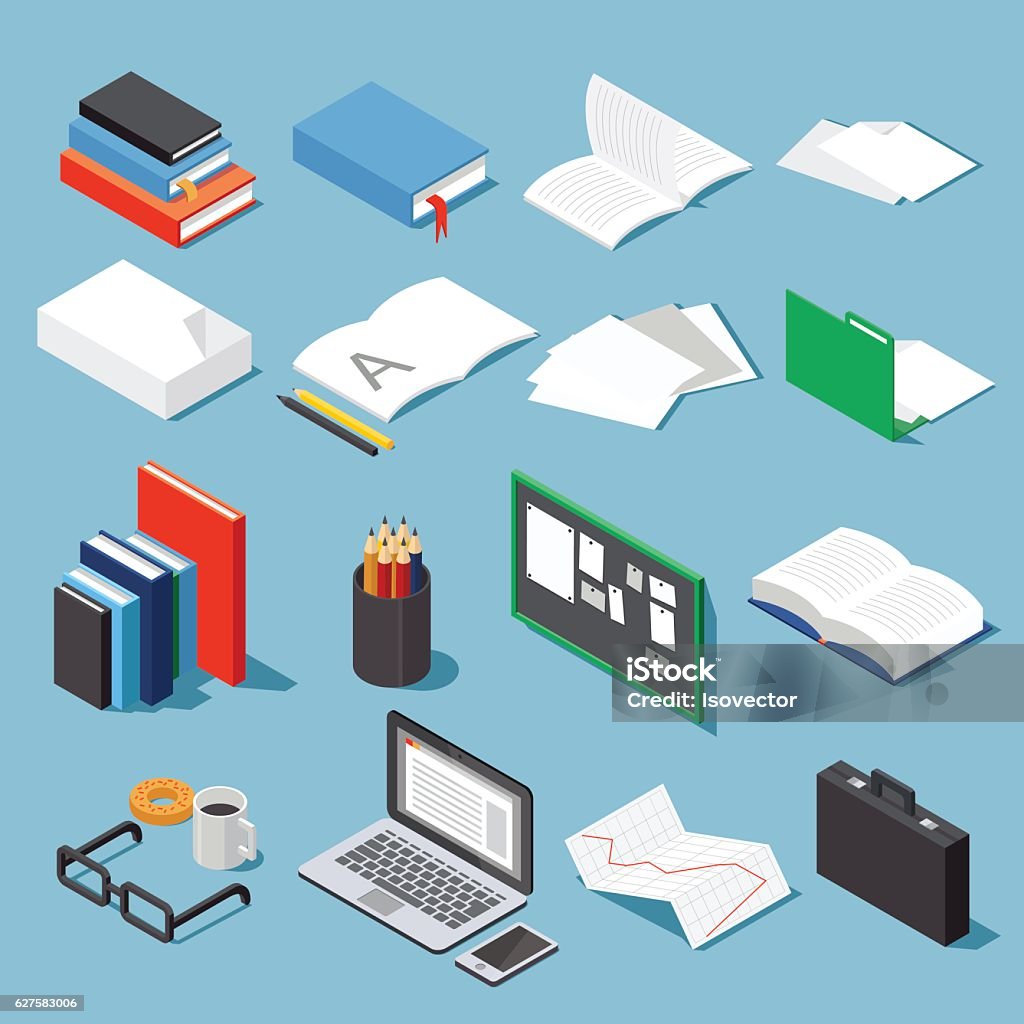 Isometric office tools set Isometric office tools set: paper, books, folder, pen and pencil, glasses, laptop, case, diagram, open book and notebook and board. Collection for your business/education info graphic or illustration. Isometric Projection stock vector