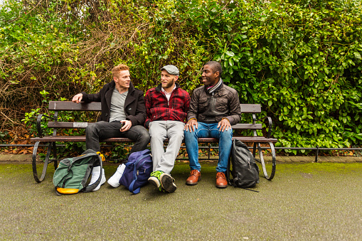 Group of young gay men talking in a park