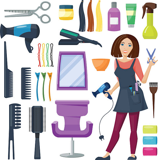 ilustrações de stock, clip art, desenhos animados e ícones de set of hairdresser and barber equipment - store make up cosmetics teenage girls