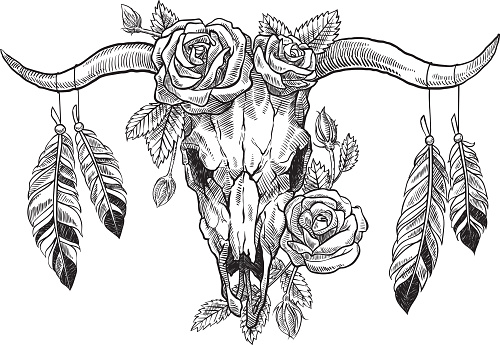 bull skull with roses on her head, and with feathers hanging from the horns. Graphic illustration technique, linework