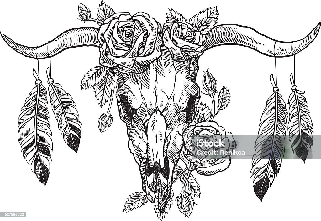 bull skull with roses on her head, and with feathers bull skull with roses on her head, and with feathers hanging from the horns. Graphic illustration technique, linework Tattoo stock vector