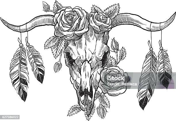 Bull Skull With Roses On Her Head And With Feathers Stock Illustration - Download Image Now