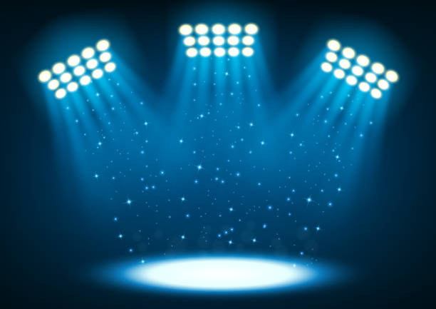 ilustrações de stock, clip art, desenhos animados e ícones de blue bright stadium spotlights on dark background - backdrop blue contemporary pattern