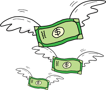 A hand drawn vector cartoon illustration of a group of flying money.