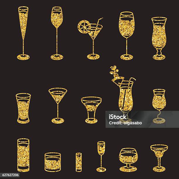 Alkoholbrille Set Von Goldenen Glitzersymbole Stock Vektor Art und mehr  Bilder von Goldfarbig - Goldfarbig, Illustration, Martini - iStock