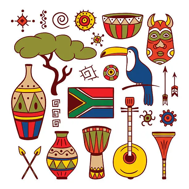 Vector illustration of South Africa hand drawn illustrations and objects, tribal elements