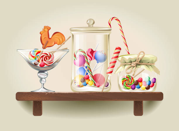 ilustrações, clipart, desenhos animados e ícones de doces em potes de vidro na prateleira de madeira - backgrounds candy close up collection