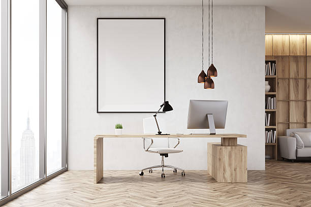 istock Front view of CEO table in his office with bookcase 627660850