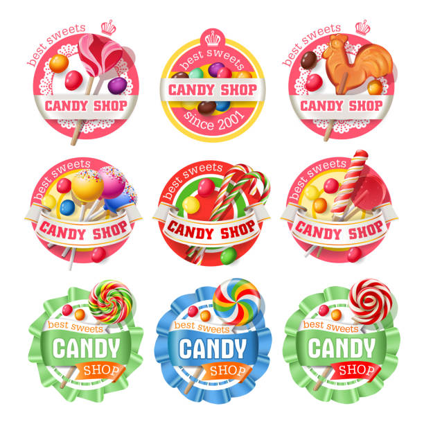 ロリポップロゴのベクターセット、ステッカー - lollipop sucking candy sweet food点のイラスト素材／クリップアート素材／マンガ素材／アイコン素材