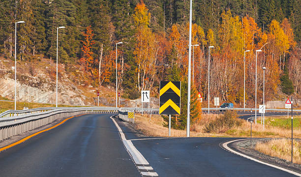 Divarication of rural Norwegian road with warning striped roadsign in autumn season