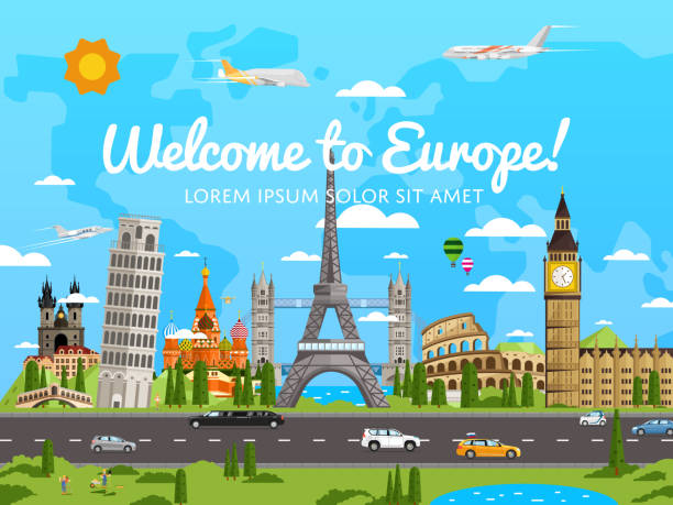 добро пожаловать в европу плакат с известными достопримечательностями - airplane europe transportation big ben stock illustrations