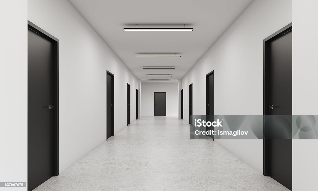 Long corridor with closed black doors Long corridor with rows of closed doors. Concept of infinite opportunities for success and toughness of choice. 3d rendering Door Stock Photo