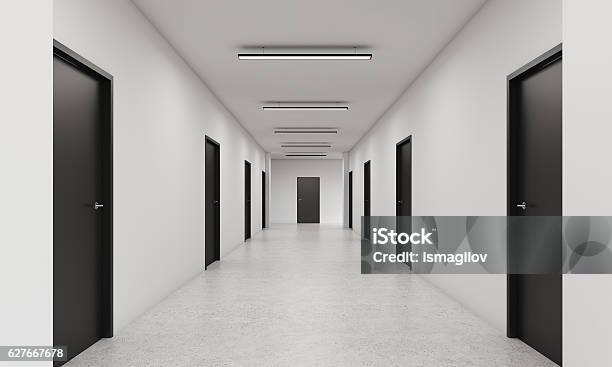 Long Corridor With Closed Black Doors Stock Photo - Download Image Now - Door, Corridor, Entrance Hall