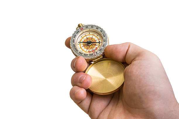 istock Antique brass compass in a hand isolated on white 627668480