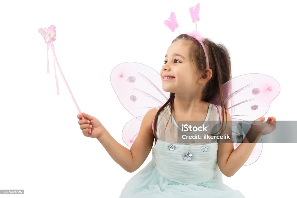 Little Butterfly Fairy Isolated On White Background Little Butterfly Fairy Is practising Magic, Isolated On White Background Child Stock Photo