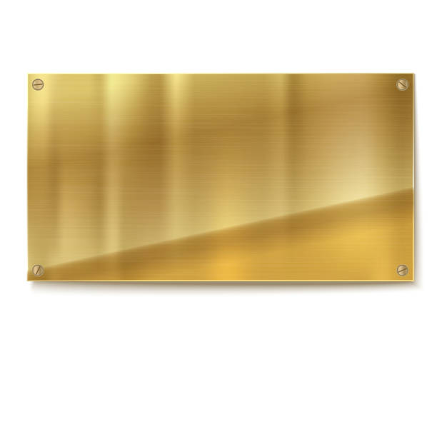 istock Shiny brushed metal gold, yellow plate banners on white background 627670290